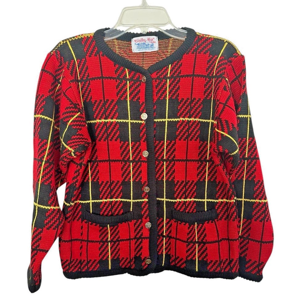 Tally Ho Women's Red Plaid Cardigan Sweater - Size Measured - Picture 2 of 8